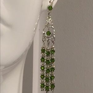 Silver and Olive green crystal chandelier earrings